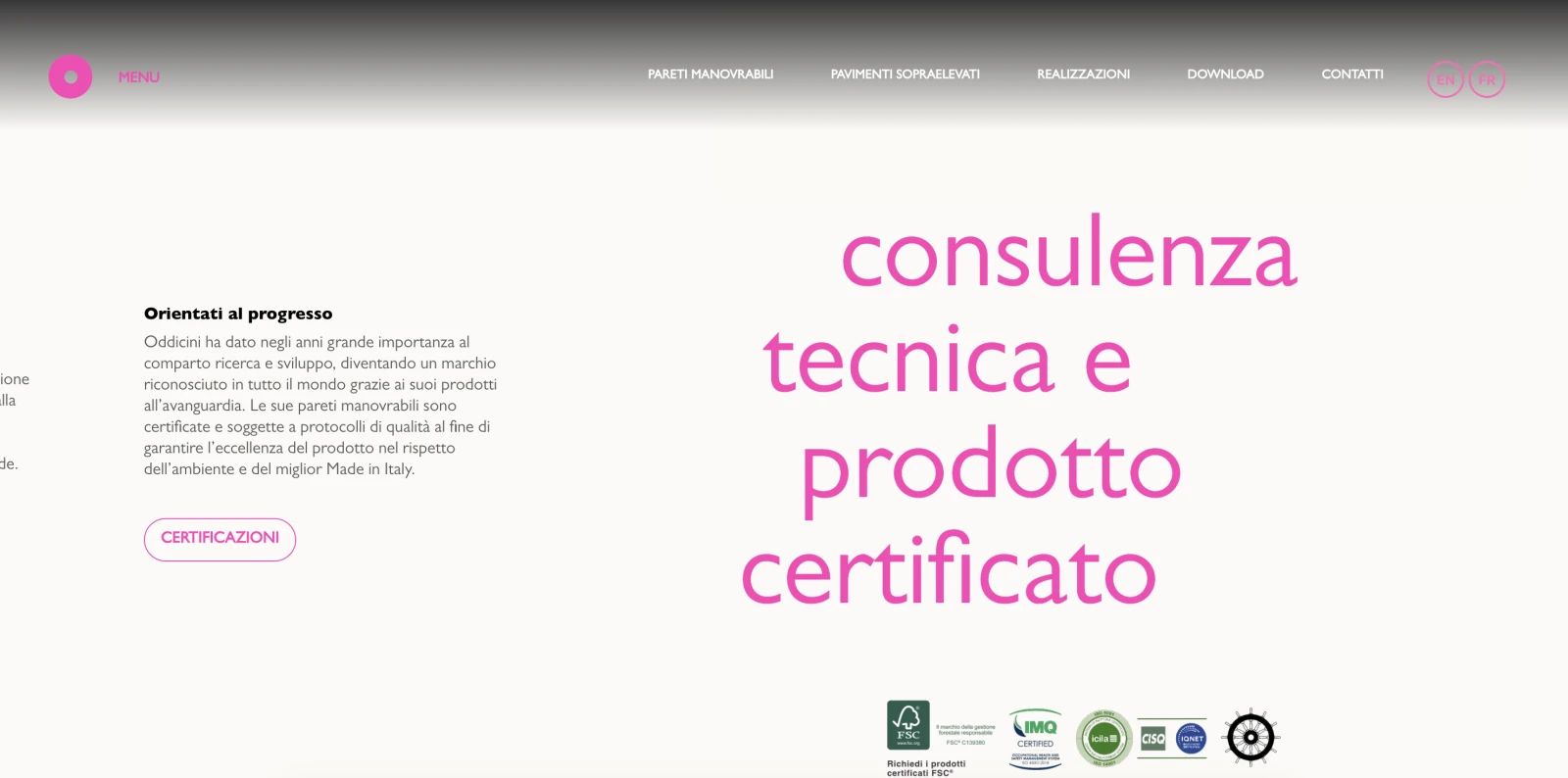 Sito web con scroll orizzontale per azienda di pareti manovrabili